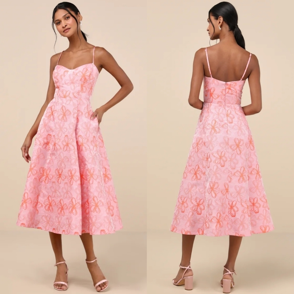 Lulus Meet for Tea Pink Jacquard Bustier Midi Dress With Pockets XS Wedding Prom